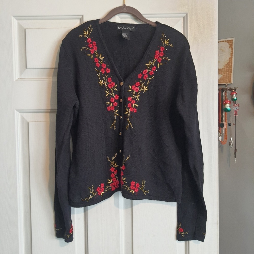 Vintage Work In Progress Black Large Cardigan Sweater Embroidered Floral Flowers